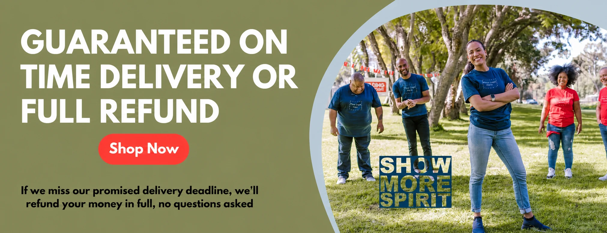 Merch Story guaranteed on-time delivery corporate merchandise banner