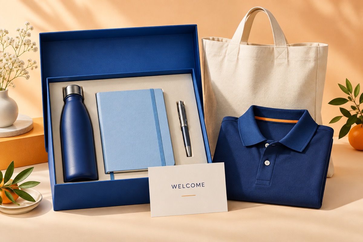 Employee onboarding kit concept with bottle, notebook, tote and polo