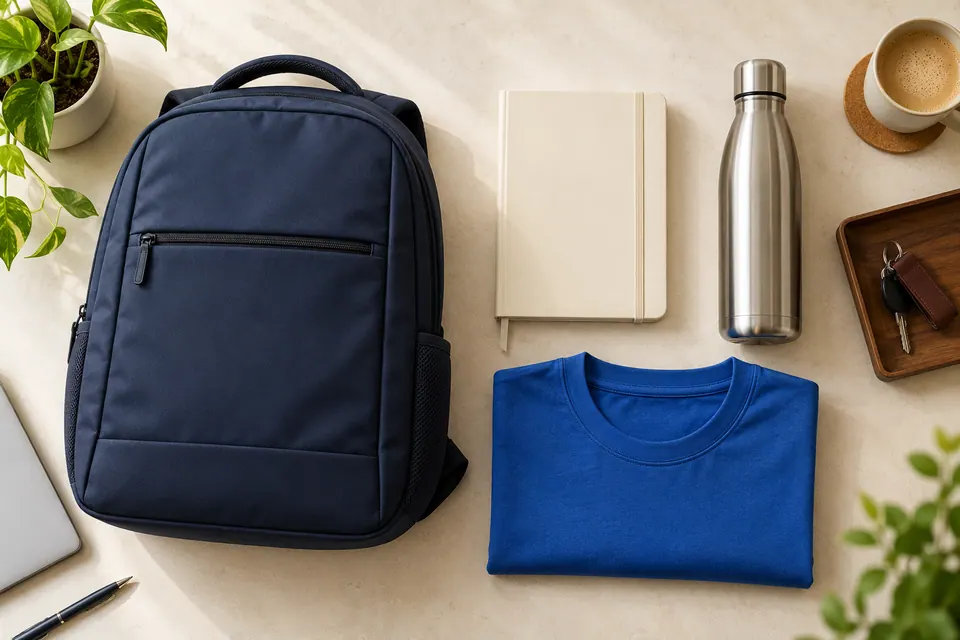 Illustrative welcome-kit components: backpack, notebook, bottle and T-shirt