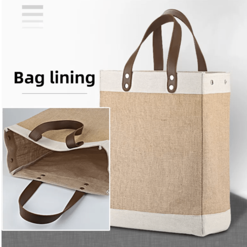 Custom jute bag with leather handle front