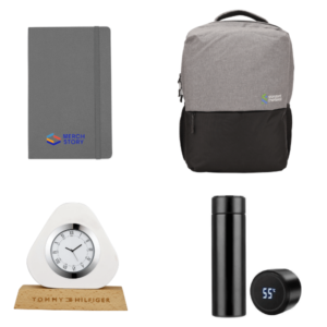 welcome kit for backpack temprature bottle clock and notebook