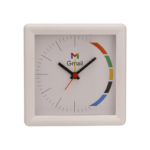 150 gram white color table clock with logo print for corporate gifting