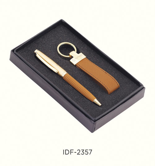 Brown Keychain and Metal Pen Gift Set