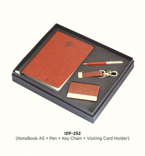 Premium brown notebook, pen, cardholder and keychain gift set