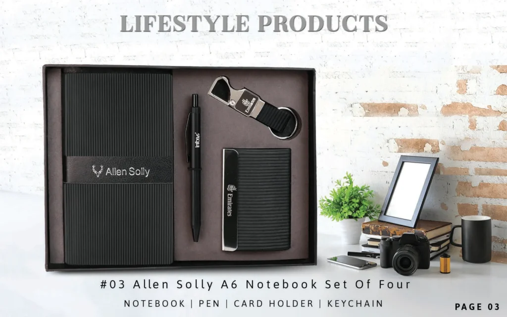 Notebook, pen holder, keychain & card holder