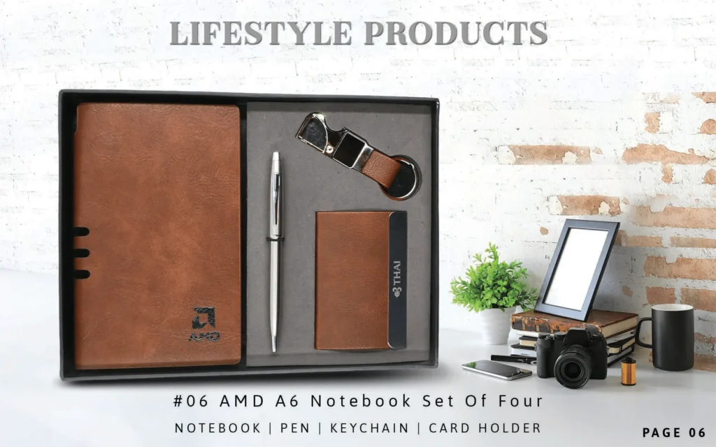 Brown Notebook, pen, leather keychain & cardholder
