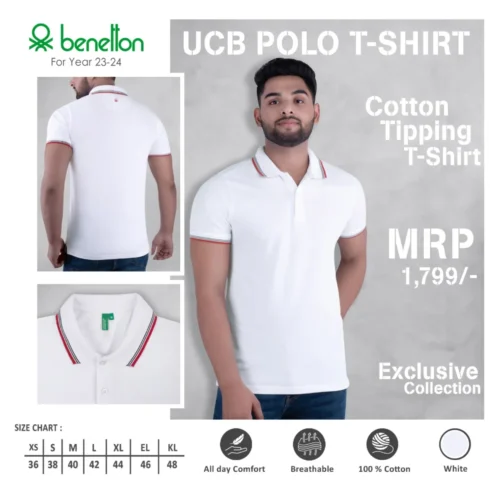 Customized White Benetton(UCB) Tipping Polo T-Shirt 2024