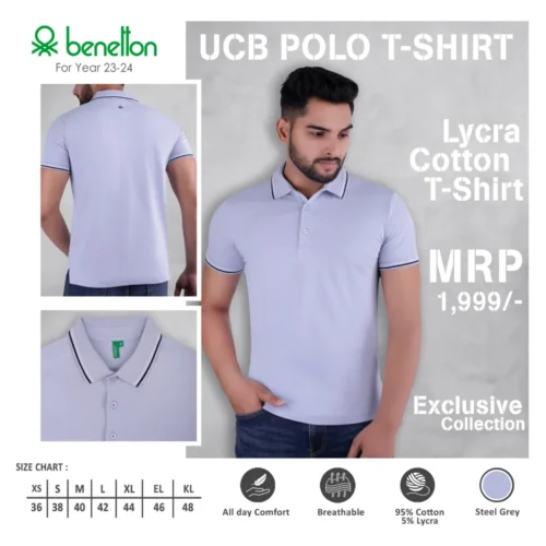 Grey Custom Benetton(UCB) Cotton Lycra Polo T-Shirt