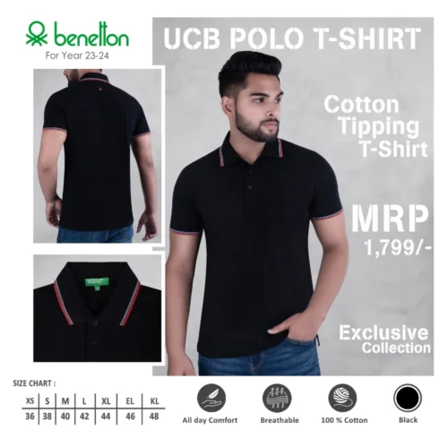 Customized Black Benetton(UCB) Tipping Polo T-Shirt 2024