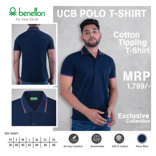 Customized Navy Blue Benetton(UCB) Tipping Polo T-Shirt 2024