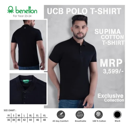 Custom Benetton(UCB) Supima Cotton Polo T-Shirt in Black Color