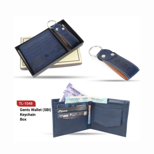 Blue Leather Wallet & Keychain Gift Set