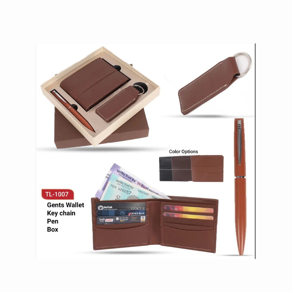 Leather Gift Set with Wallet. Keychain & Pen in Tan