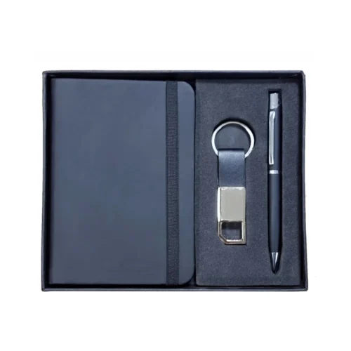Notebook with elastic cover, pen & metal keychain gift set in blue