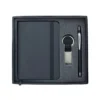 Notebook with elastic cover, pen & metal keychain gift set in black