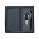 Notebook with elastic cover, pen & metal keychain gift set in black