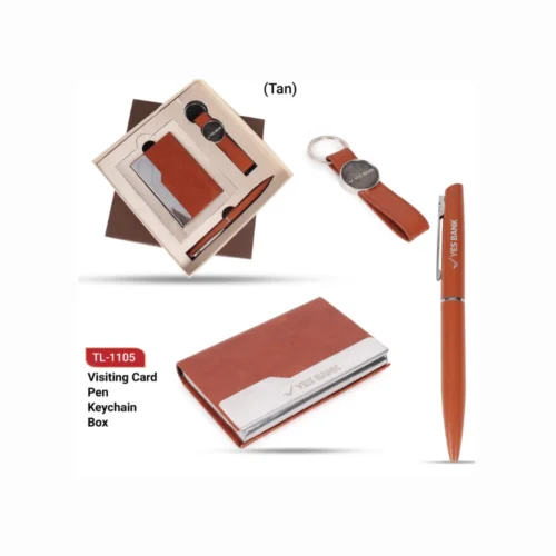 Leather Visiting Card Holder, Keychain & Pen in Tan Color