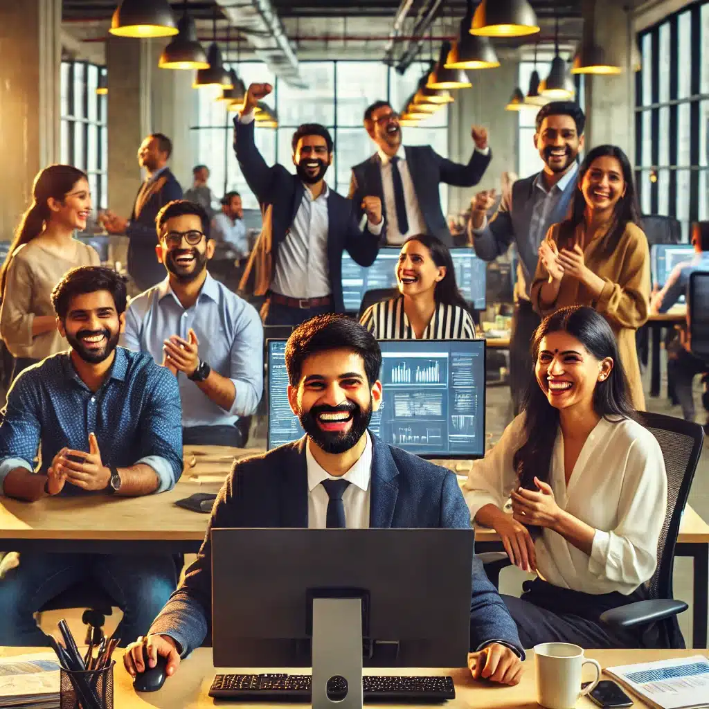 An office setting in India with happy and engaged employees.
