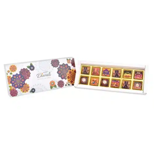 Diwali Theme Pack of 12 Assorted Chocolates – Blueberry, Orange, Kiwi, Vanilla & More | FSSAI Certified | Corporate Bulk Gifting