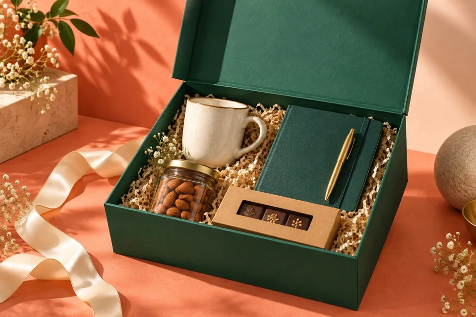 Corporate gifting hamper concept with notebook, mug and treats