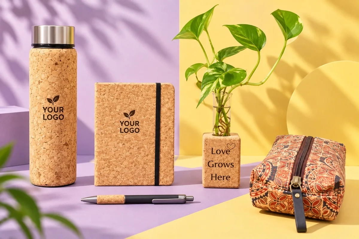 Custom employee welcome kit concept with branded bottle, notebook, pen, planter and pouch