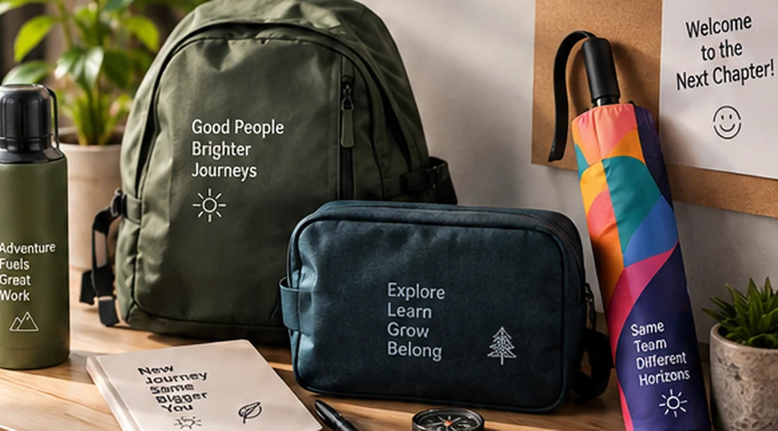 Beyond the Black Box: Gen Z Employee Welcome Kit Ideas That Go Places 2 Concept illustration of a travel-inspired welcome pack with a branded backpack, organiser, water bottle and colourful umbrella