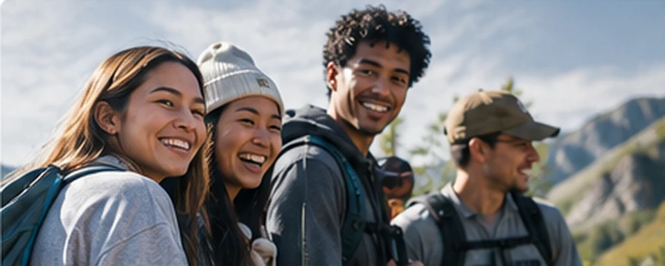 Beyond the Black Box: Gen Z Employee Welcome Kit Ideas That Go Places 4 Concept illustration of young adult coworkers enjoying an outdoor hiking experience with daypacks