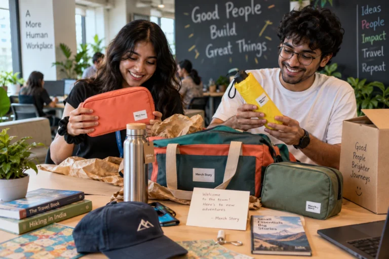 Beyond the Black Box: Gen Z Employee Welcome Kit Ideas That Go Places 1 Concept illustration of new hires opening a colourful travel-inspired employee welcome pack