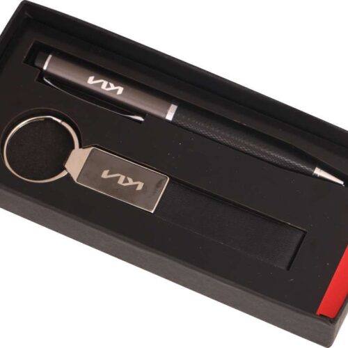 Chrome-Accent Pen and Vegan-Leather Keychain Set
