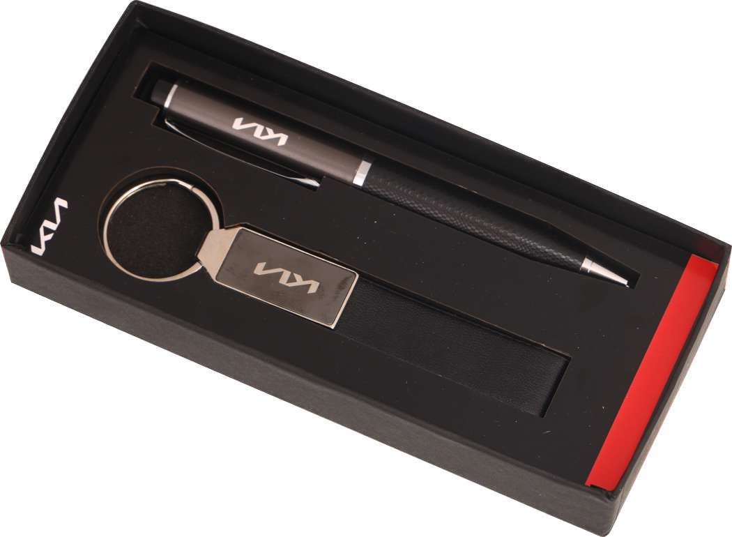 Chrome-Accent Pen and Vegan-Leather Keychain Set