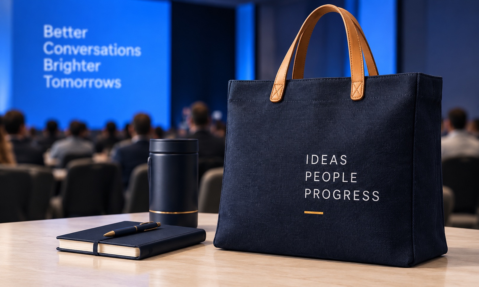 Corporate Gifting Studio 3 Customisation concept: navy tote, bottle and notebook for an event.