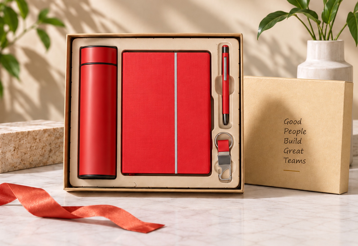 Corporate Gifting Studio 1 Customisation concept: red flask, notebook, pen and keychain presented in a gift box.