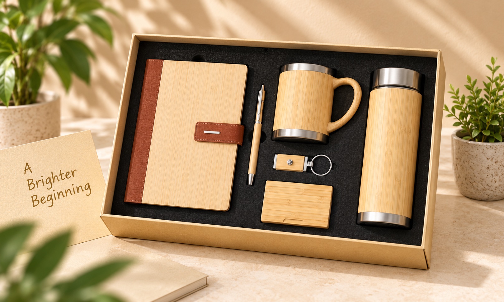 Corporate Gifting Studio 2 Customisation concept: employee welcome kit with coordinated stationery and drinkware.