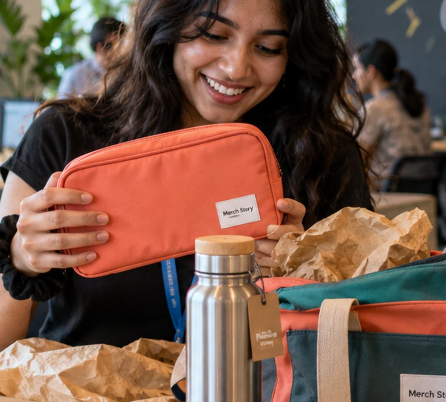 Beyond the Black Box: Gen Z Employee Welcome Kit Ideas That Go Places 3 Concept illustration of a new employee holding a branded orange travel organiser pouch